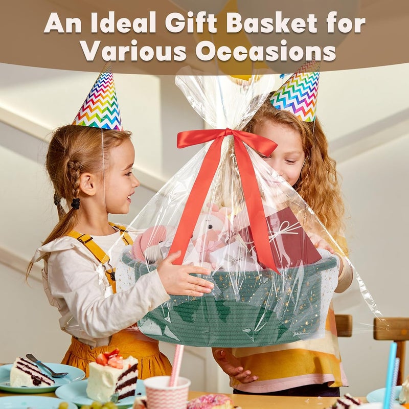 OIAHOMY Large Gift Basket Empty 17" x 12.6" x 7", Storage Basket with Gift Bag, Ribbon and Glitter Tulle for DIY Anytime, Toy Storage for Kids, Dogs with Handles in A Stylish Design - Green - Image 5